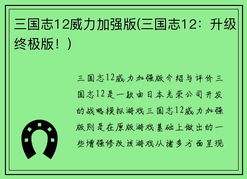 三国志12威力加强版(三国志12：升级终极版！)